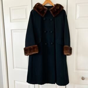 Vintage I J Fox Cleveland Wool Coat Womens Fur Collar Full Length Black Medium